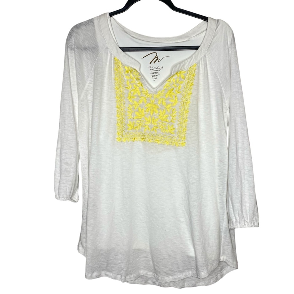 Miraclesuit White Embroidered Tunic Top Womens L Boho 3/4 Sleeve Beach